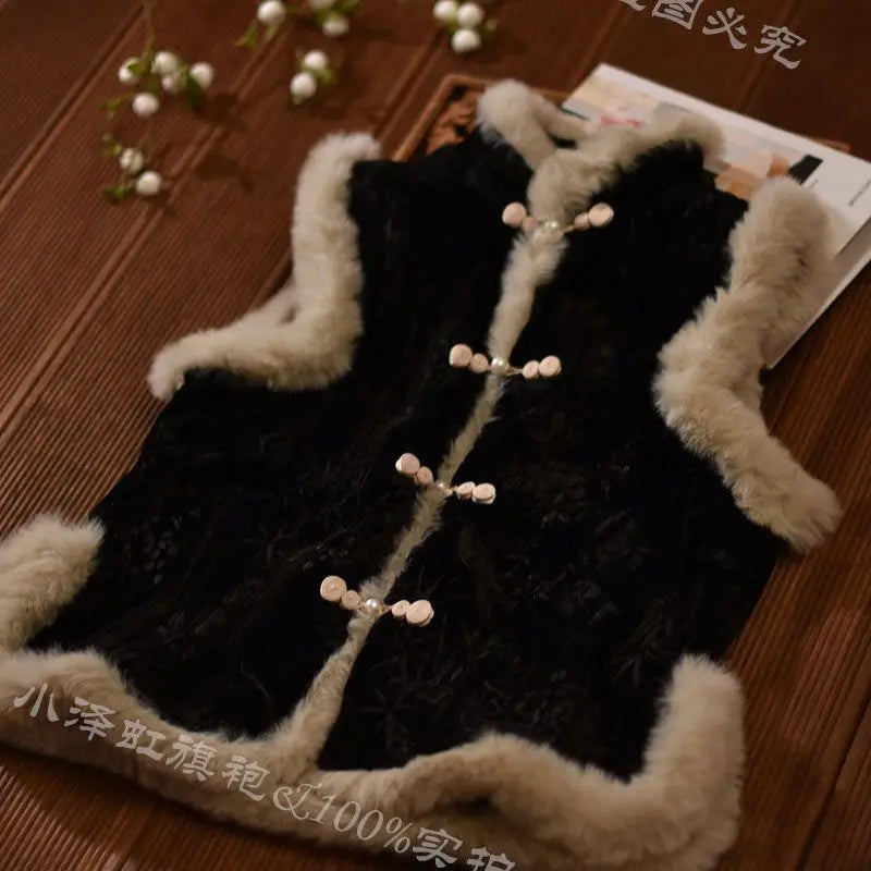 New Chinese Vest Chinese Style Tang Suit Retro Black Plus Velvet Sleeveless Chinese Jacket Horse Clip Winter Cardigan Women
