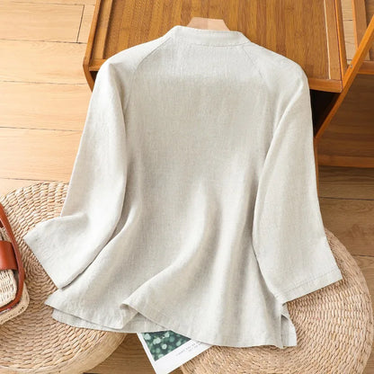 Chinese Style Women's Blouses Korean Embroidery Shirt FASHION Loose Spring/Summer Cotton Linen Clothing Three Quarter Women Tops