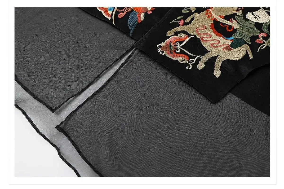 Oriental Vintage Tang Suit Women Vest Black Jacquard Heavy Phoenix Embroidery Organza Splicing Side Tie Sleeveless Waistcoat