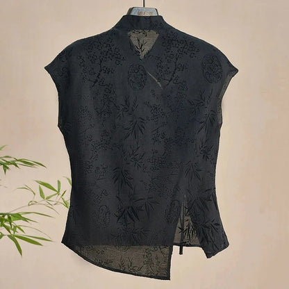 French new Chinese style cheongsam top satin jacquard shoulder short-sleeved T-shirt women new summer retro