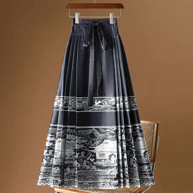 Vintage Maxi Chinese Style Horse Face Skirts for Women Saia One-piece Long Hanfu Pleated Skirt Woman Clothing Faldas Harajuku
