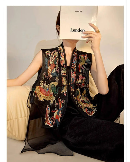 Oriental Vintage Tang Suit Women Vest Black Jacquard Heavy Phoenix Embroidery Organza Splicing Side Tie Sleeveless Waistcoat
