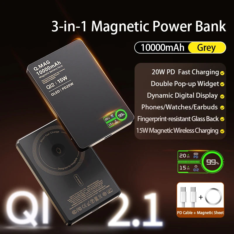 10000mAh Magnetic 3 in 1 Wireless Power Bank 20W USB C Fast Charging External Battery for iPhone 17 16 15 14 Airpods Apple Watch
