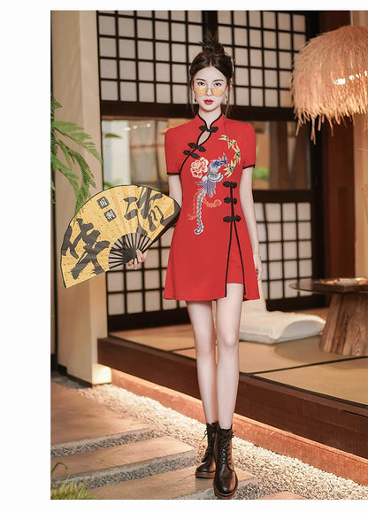 Two Piece Summer Young Red Qipao Chinese Style Retro New Phoenix Embroidery Short Cheongsam New Year CNY