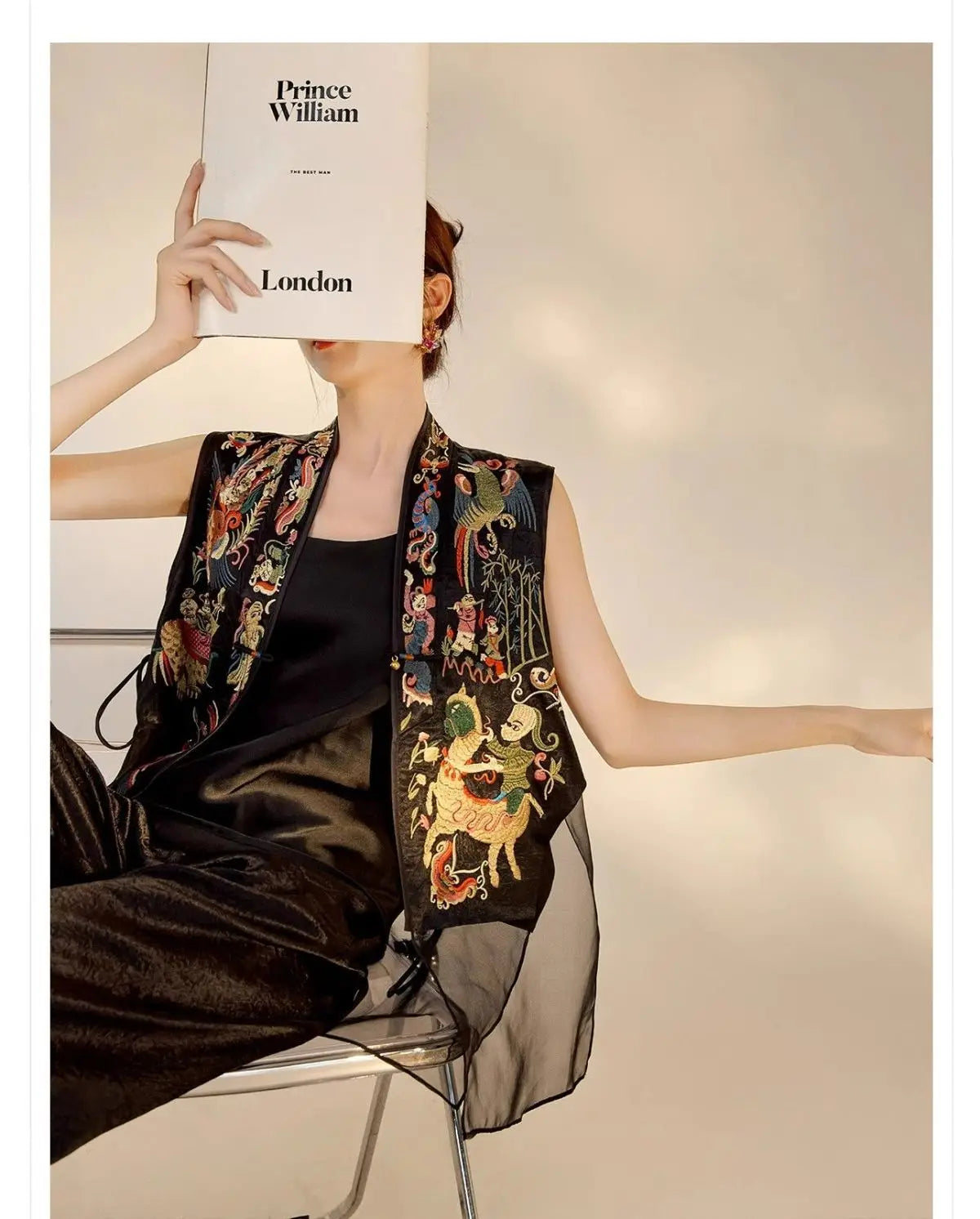 Oriental Vintage Tang Suit Women Vest Black Jacquard Heavy Phoenix Embroidery Organza Splicing Side Tie Sleeveless Waistcoat
