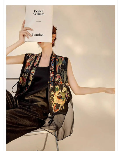 Oriental Vintage Tang Suit Women Vest Black Jacquard Heavy Phoenix Embroidery Organza Splicing Side Tie Sleeveless Waistcoat