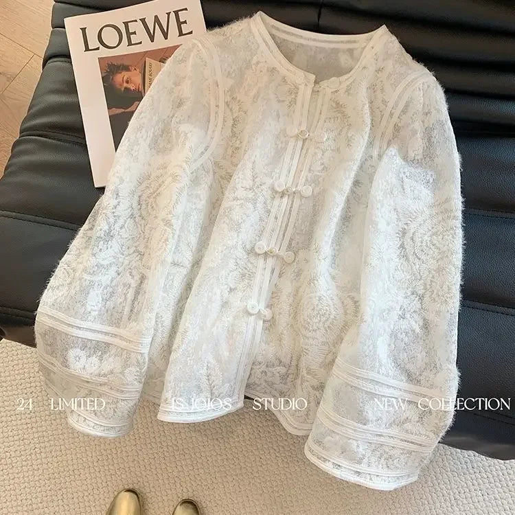 Heavy Industry Lace Hollow Shirt Underwear for Women's Spring New Style Retro Button New Chinese Style Top