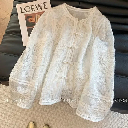 Heavy Industry Lace Hollow Shirt Underwear for Women's Spring New Style Retro Button New Chinese Style Top