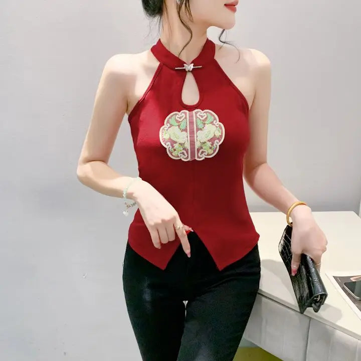 Chinese Style Embroidered Halterneck Vest Ladies Sleeveless Summer Wear Off-the-shoulder Small Suspender Chinese Slim Tank Top