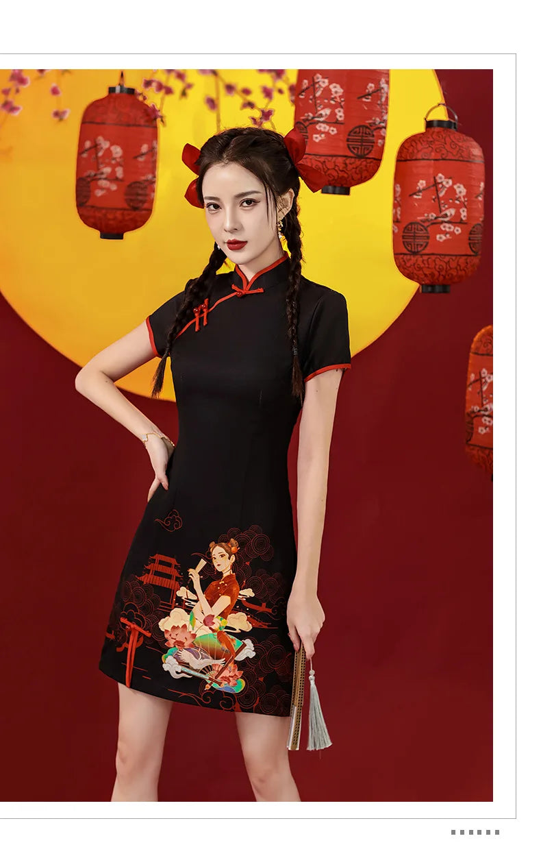 Niche Design Sense Chinese Style Printed Improved Qipao Y2K Vintage High Street Cheongsams Chinese Dress 치파오 китайское платье