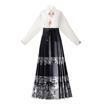 New Chinese Horse Face Skirt Two-piece Women's 2024 New Hanfu Female Tops Fashion Loose Print Birthday Party Banquet Dance Dress