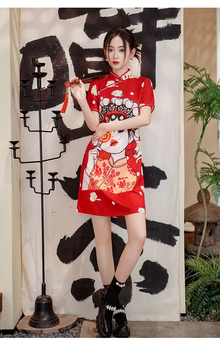 Chinese Traditional National Style Fashion Cartoon Printing Qipao Dress Summer Short Sleeve Elegant Modern Improved Cheongsam
