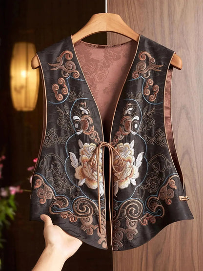 Satin Silk Vest Jacket for Women Spring 2025 New V-Neck Chinese Style Embroidery Top Women's Fashion Outerwear