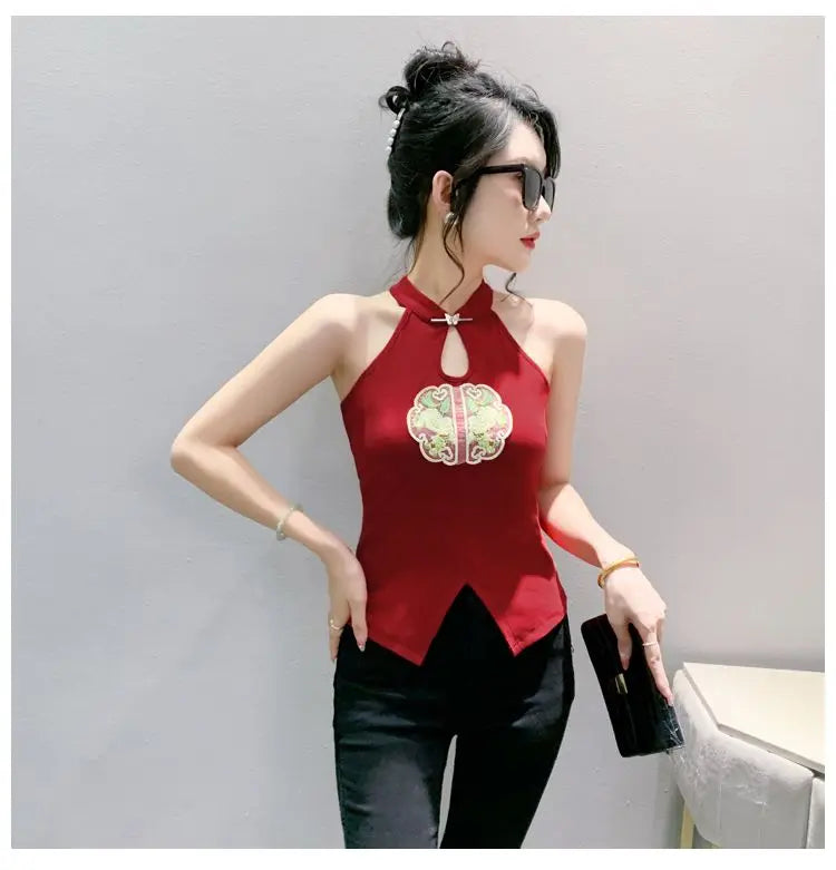 Chinese Style Embroidered Halterneck Vest Ladies Sleeveless Summer Wear Off-the-shoulder Small Suspender Chinese Slim Tank Top