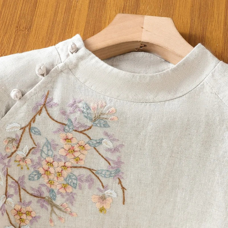 Chinese Style Women's Blouses Korean Embroidery Shirt FASHION Loose Spring/Summer Cotton Linen Clothing Three Quarter Women Tops
