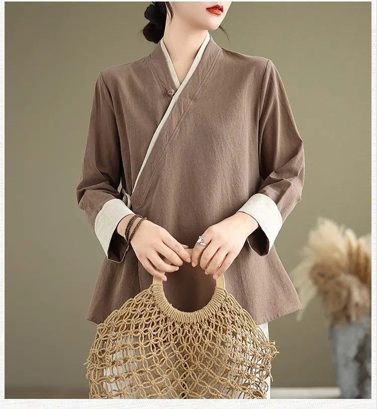 Womens Chinese Style Improved Hanfu Blouse Oblique V Neck Tie Side Contrast Trim Loose Cotton Linen Zen Tea Clothing Tops