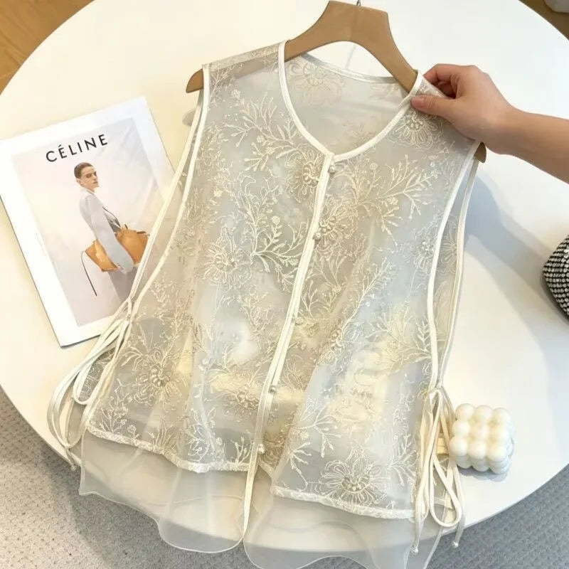 Fashion Chinese Style Embroidered Vest Women's Spring and Summer Yarn Thin Round Neck tie Sleeveless Loose Vest  Jacket Coat New