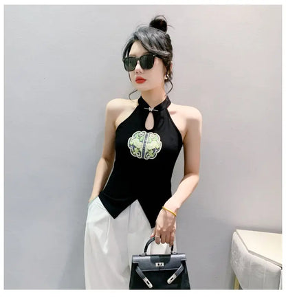 Chinese Style Embroidered Halterneck Vest Ladies Sleeveless Summer Wear Off-the-shoulder Small Suspender Chinese Slim Tank Top