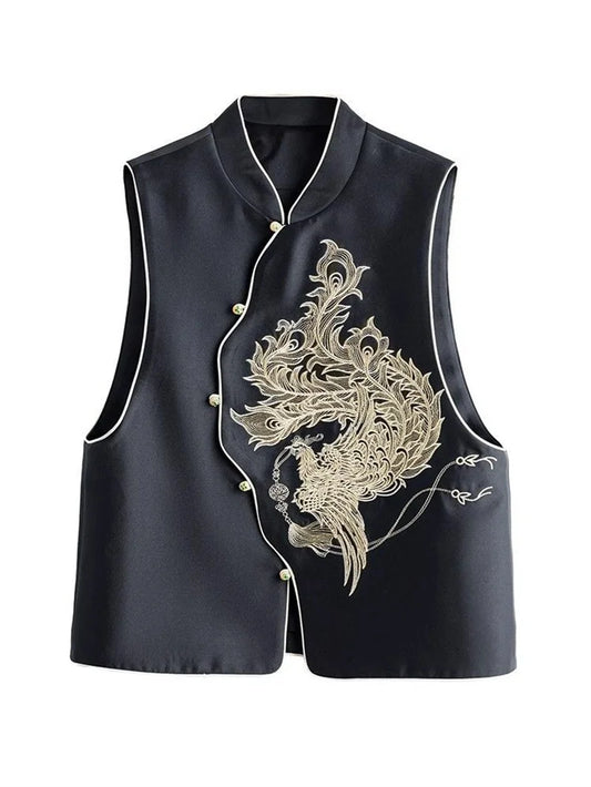 Women's Vest Women's Jackets Chinese Style Golden Phoenix Embroidered Spring and Autumn Vest Women's Single-breasted Vest Coat