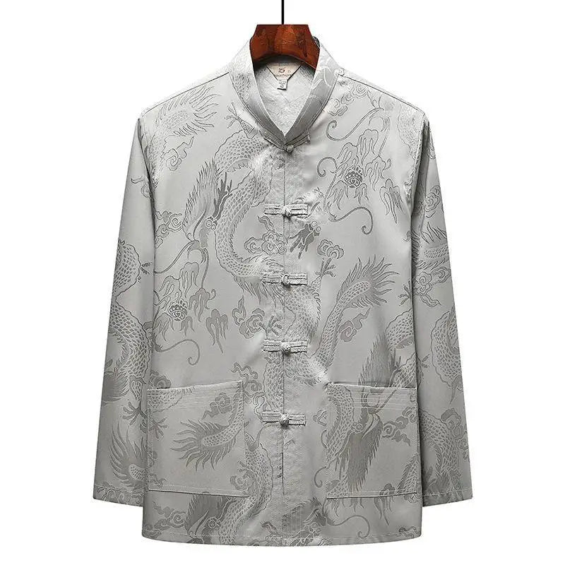 Chinese-style Men Short-sleeved Shirt, Summer Stand-up Collar Single-breasted Shirts, Decorated with Chinese Dragon Patterns.