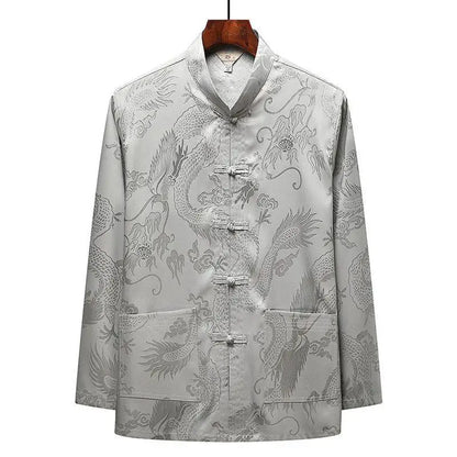 Chinese-style Men Short-sleeved Shirt, Summer Stand-up Collar Single-breasted Shirts, Decorated with Chinese Dragon Patterns.