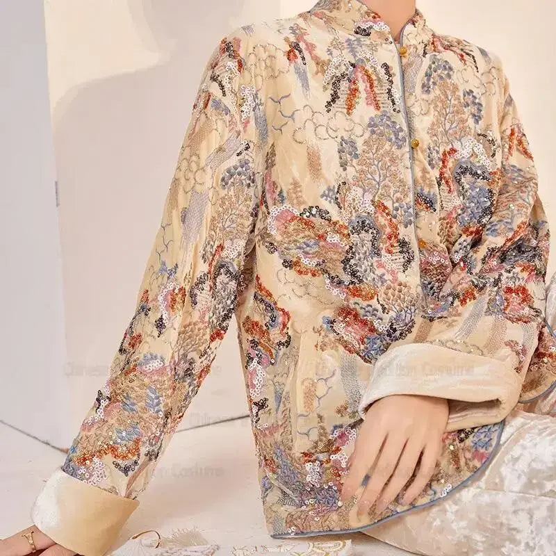 Chinese Style Tang Clothes Sequin Embroidery Hanfu Vintage Mandarin Collar Jacket Lady Elegant Tops Autumn Spring Outwear