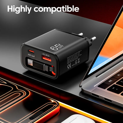 65W Super Fast Charge Type C USB Phone Charger With Retractable USB C Cable For Iphone 17 16 15 Samsung POCO Xiaomi