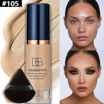 2Pcs Full Coverage Waterproof Liquid Foundation&Black Triangular Powder Puff-LongLasting Matte Finish Dark Circle&Blemish Cover