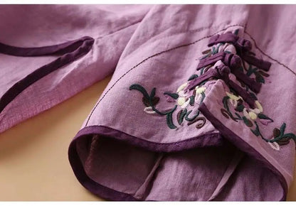 2023 Chinese Style Embroidery Blouse for Women  Summer O-neck Short Sleeve Cotton and  Linen traditional Tang suit Top