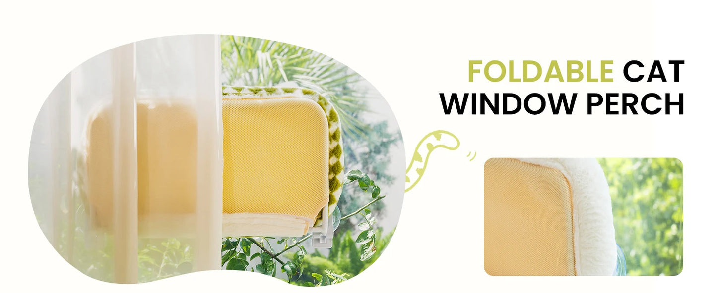 Mewoofun Foldable Cat Window Perch with 4 Strong Suction Cups Cordless Cat Window Hammock Removable Soft Cover White Brown Green