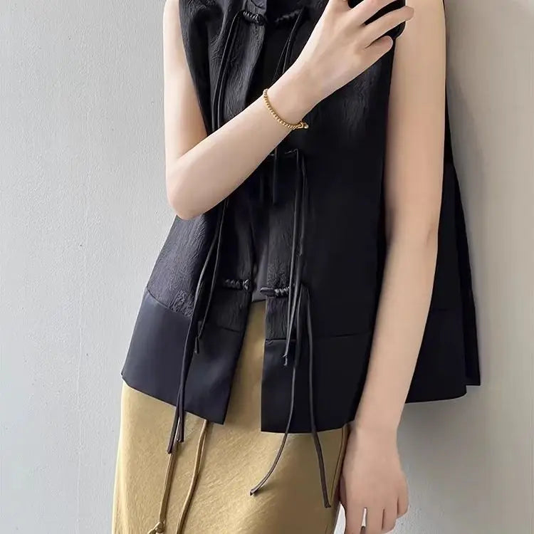 Chinese New Plate Button Vest Jacket 2025 Spring New Jacquard Stand Collar Sleeveless Waistcoat Retro Women Cheongsam Tops