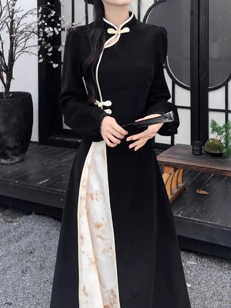 New Chinese National Style New Year Battle Robe Button Modified Qipao Long Dress Women Temperament Splicing Dark Pattern Dresses
