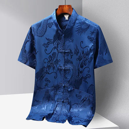 Chinese-style Men Short-sleeved Shirt, Summer Stand-up Collar Single-breasted Shirts, Decorated with Chinese Dragon Patterns.