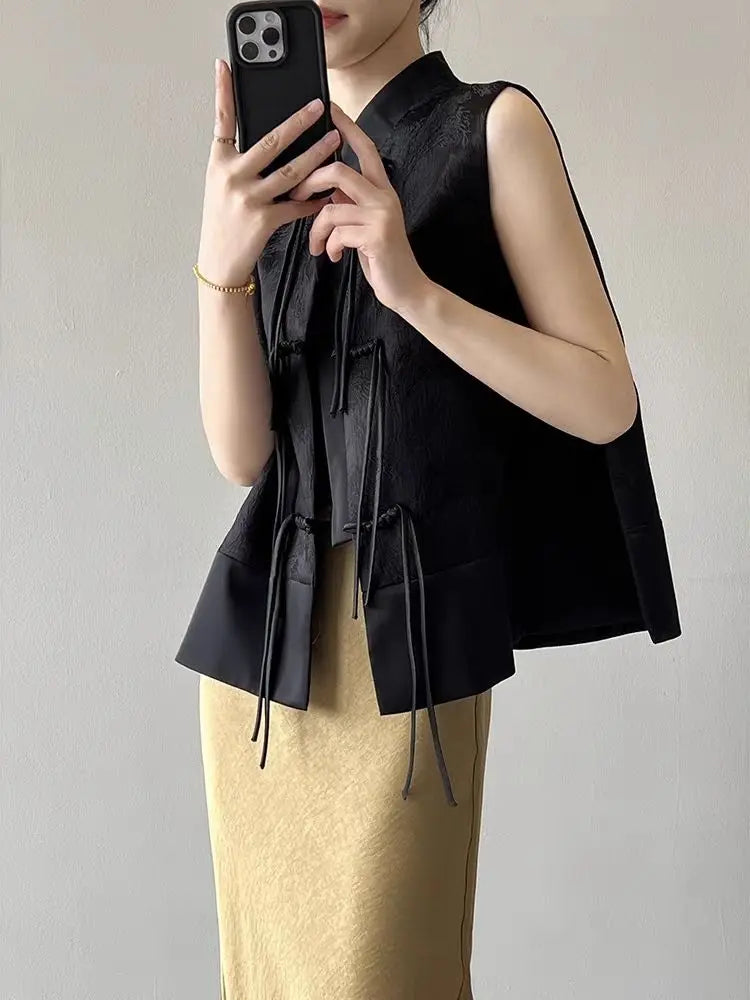 Chinese New Plate Button Vest Jacket 2025 Spring New Jacquard Stand Collar Sleeveless Waistcoat Retro Women Cheongsam Tops