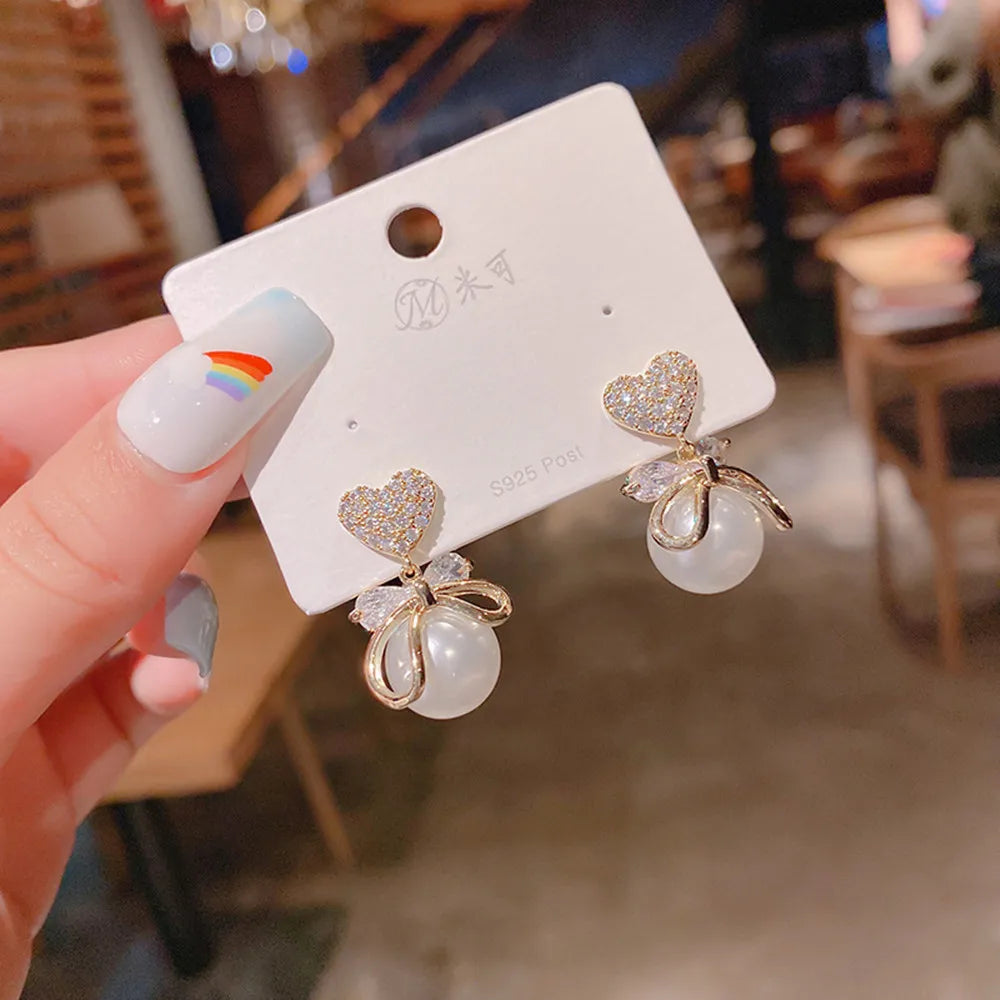 New Trend Simulation Pearl Long Earrings Women's Flower Rhinestone Wedding Pendant Earrings Fashion Korean Jewelry Earrings