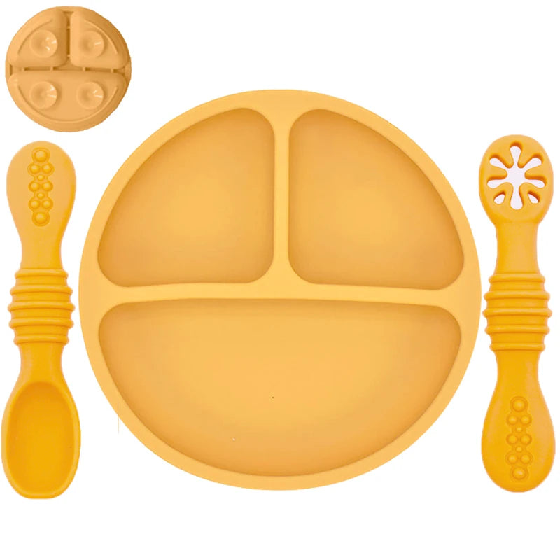 Silicone Baby Sucker Silicone Dining Plate Rice Spoon Set Cute Cartoon Children Dishes Smile Face Baby Tableware Retro Kid Bowl