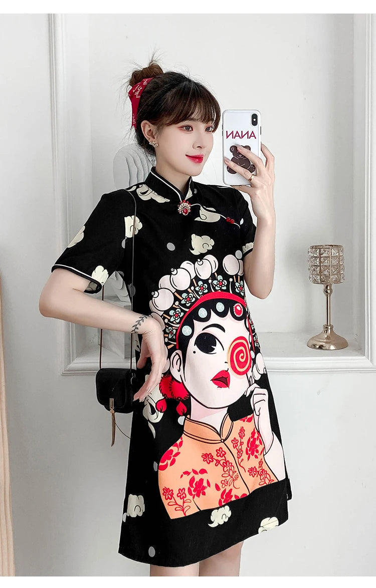 Chinese Traditional National Style Fashion Cartoon Printing Qipao Dress Summer Short Sleeve Elegant Modern Improved Cheongsam