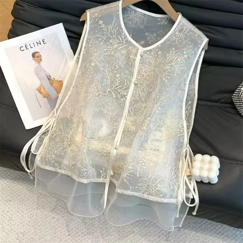 Fashion Chinese Style Embroidered Vest Women's Spring and Summer Yarn Thin Round Neck tie Sleeveless Loose Vest  Jacket Coat New