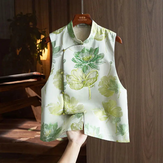 Floral Embroidered Jacquard Vest Women Retro Chinese Vintage Ethinic Style Sleeveless Tops Oversized