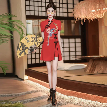Two Piece Summer Young Red Qipao Chinese Style Retro New Phoenix Embroidery Short Cheongsam New Year CNY