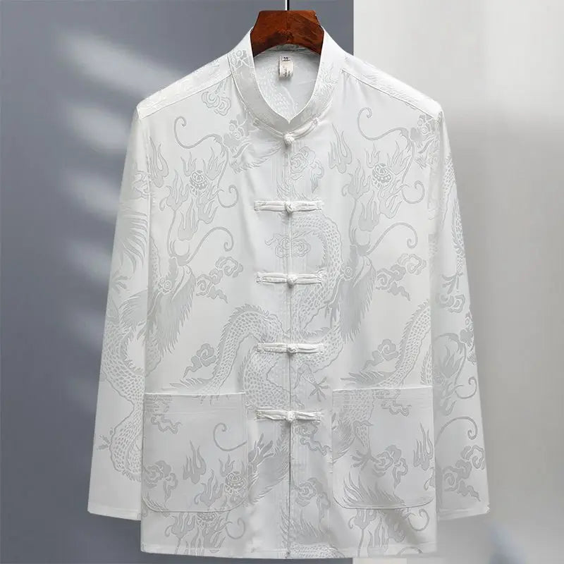 Chinese-style Men Short-sleeved Shirt, Summer Stand-up Collar Single-breasted Shirts, Decorated with Chinese Dragon Patterns.