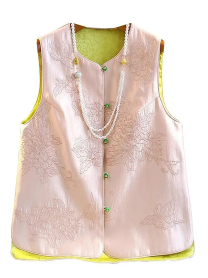 Satin Silk Embroidered Vest Women Chinese Style Vintage Vest Sleeveless Retro Tops Female Autumn New Fashion