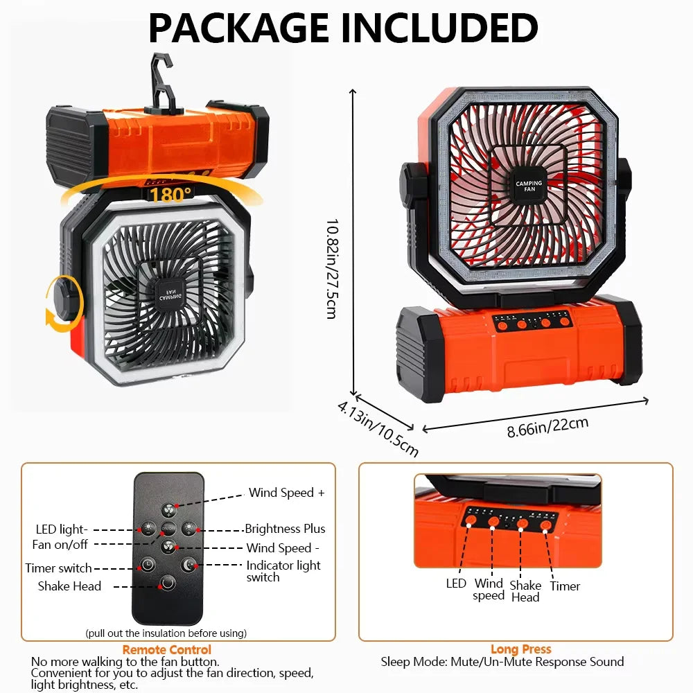 Multifunctional Portable Cooling Fan 20000mAh Waist‑clip Fan,Folding Hand‑held Turbo Fan,270°Rotatable Camping Fan With LED Light Outdoor Rechargeable Mini Air Cooler For Camping Working Travel