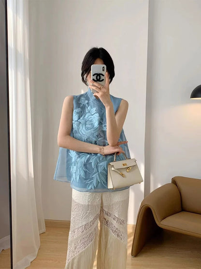 Summer Sleeveless Shirt Embroidered Slanted Stand Collar Chiffon Top Elegance Vest Blouse Chinese Style Women's Clothing