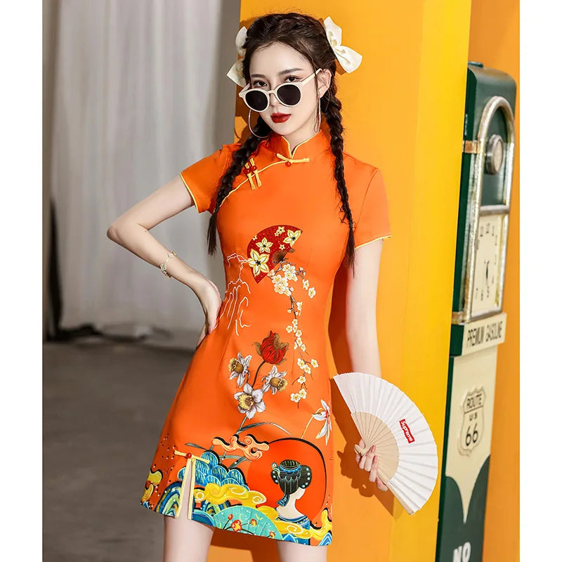 Y2K High Street New Fashion Cheongsams Women Improved Qipao Personality Printed Chinese Dress ципао 치파오 Robe Soirée Femme Luxe