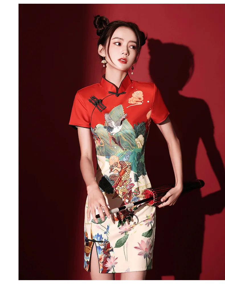 Y2K New Fashion Vintage Cheongsams Chinese Traditional Dress Personality Printed Improved Qipao ципао 치파오 Robe Soirée