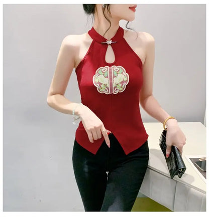 Chinese Style Embroidered Halterneck Vest Ladies Sleeveless Summer Wear Off-the-shoulder Small Suspender Chinese Slim Tank Top