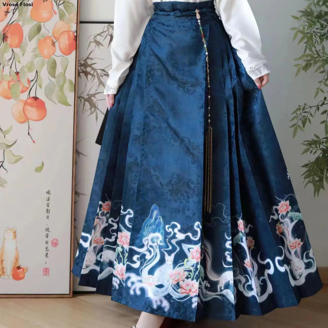 Vintage Women Chinese Traditional Hanfu Cardigan Shirt + Blue Pleated Mamian Skirt Chinese Hot Hanfu Shirt Horse Face Skirt Set