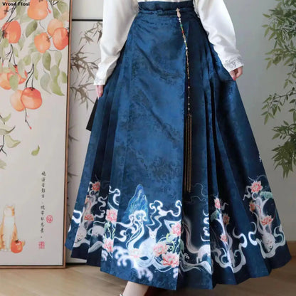 Vintage Women Chinese Traditional Hanfu Cardigan Shirt + Blue Pleated Mamian Skirt Chinese Hot Hanfu Shirt Horse Face Skirt Set