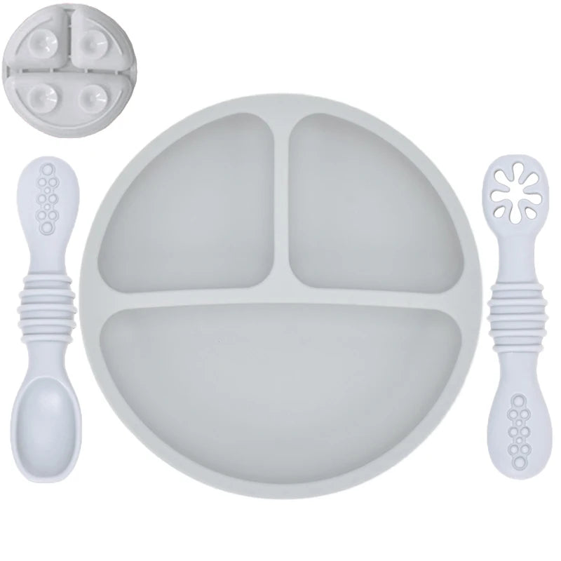 Silicone Baby Sucker Silicone Dining Plate Rice Spoon Set Cute Cartoon Children Dishes Smile Face Baby Tableware Retro Kid Bowl